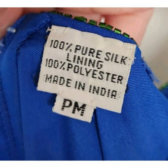 Size PM Vintage Scala 100% Silk Fully Beaded Green Blue Low Back Dress Stunning - Picture 4 of 7